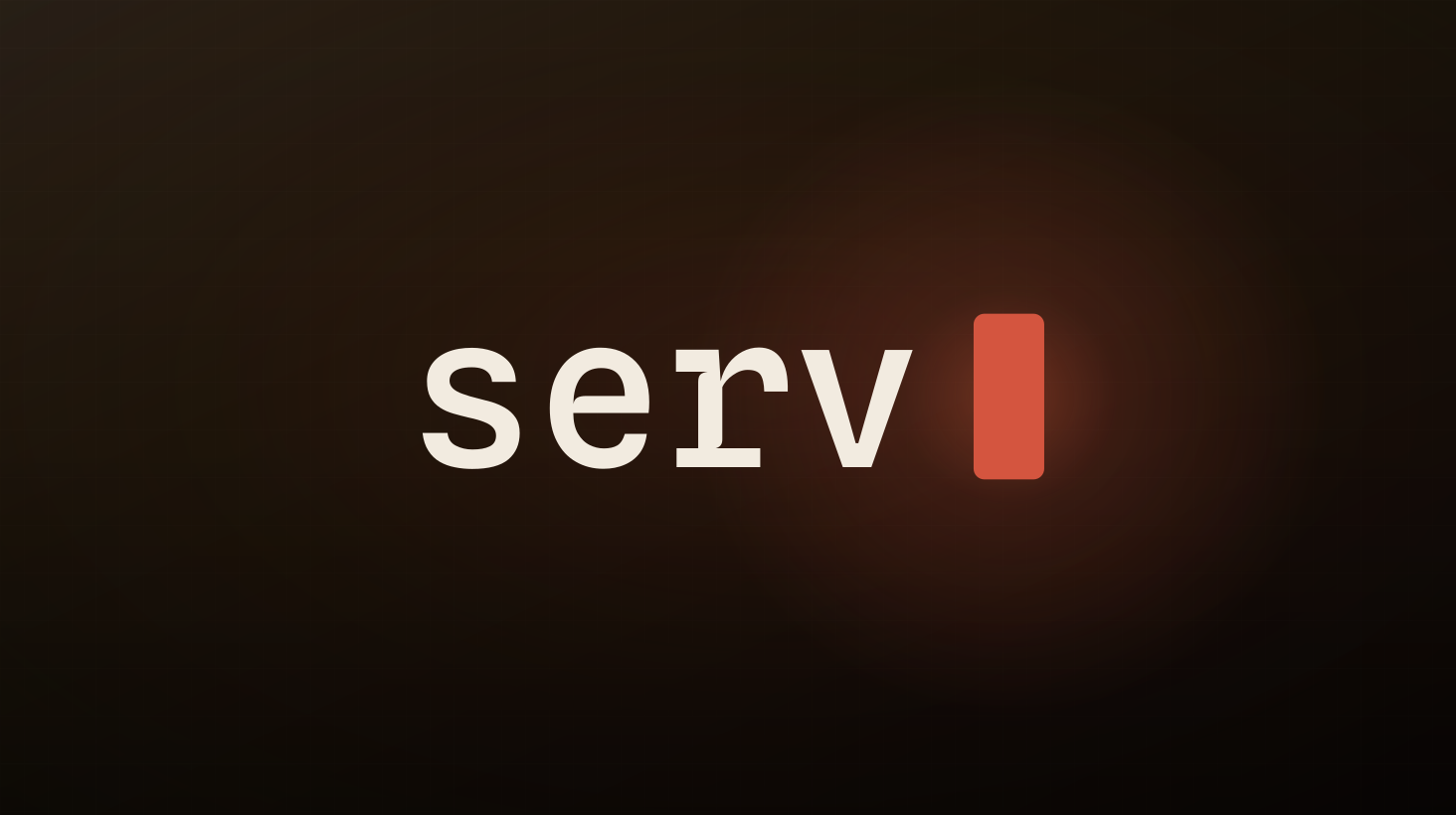 Логотип serv: слово «serv» моноширинным шрифтом и красный блок-курсор после него, на тёмном фоне.
