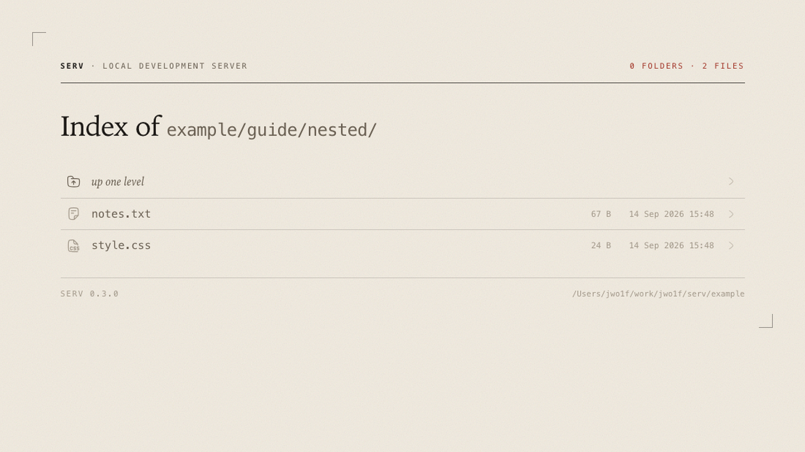 Сгенерированный serv листинг папки: хлебные крошки «example/ guide/ nested/», строки с иконками для notes.txt и style.css, размер и дата справа.