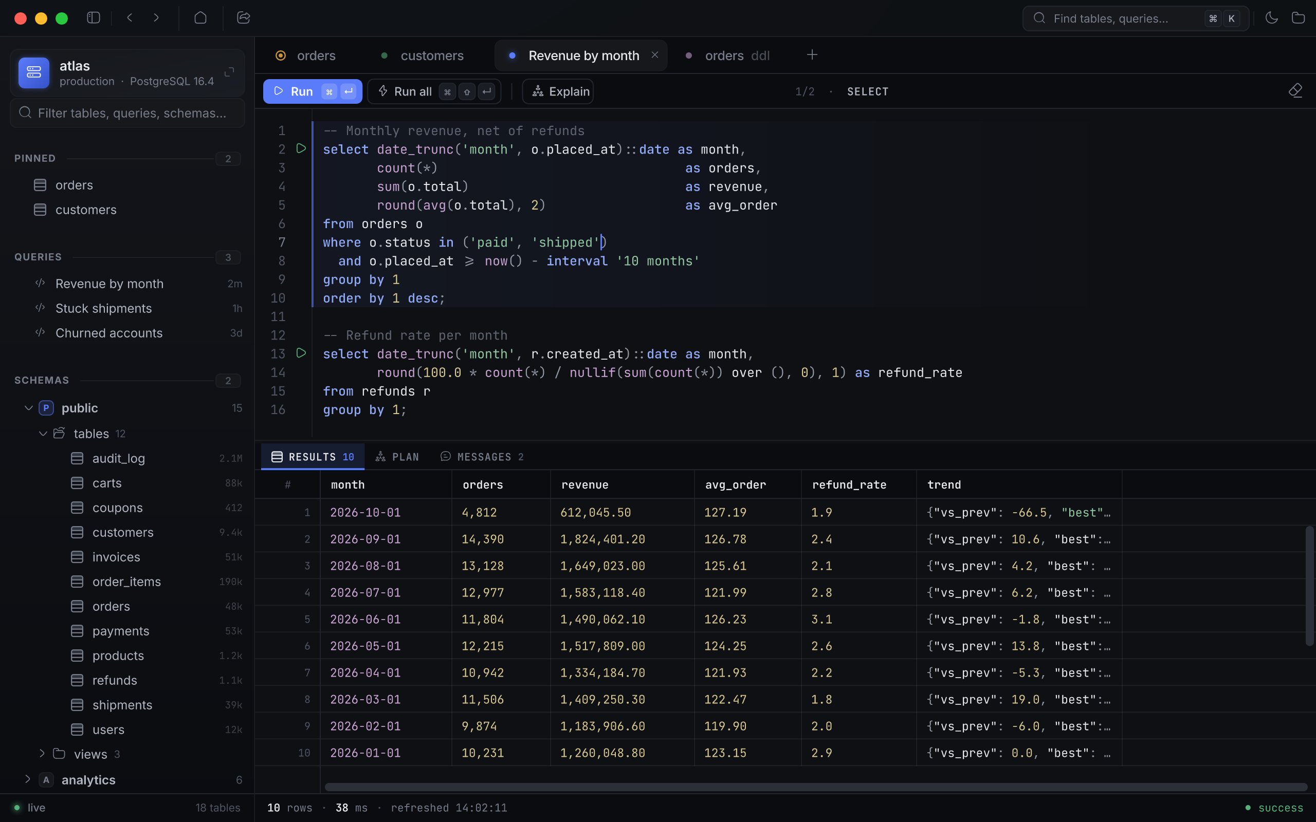 SQL-редактор с двумя запросами и таблицей результатов
