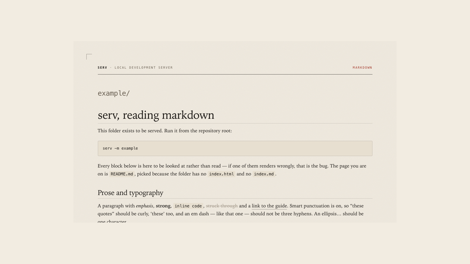 Страница serv с отрендеренным README: шапка «serv · local development server», хлебные крошки «example/», заголовок «serv, reading markdown», абзац прозы и блок кода.